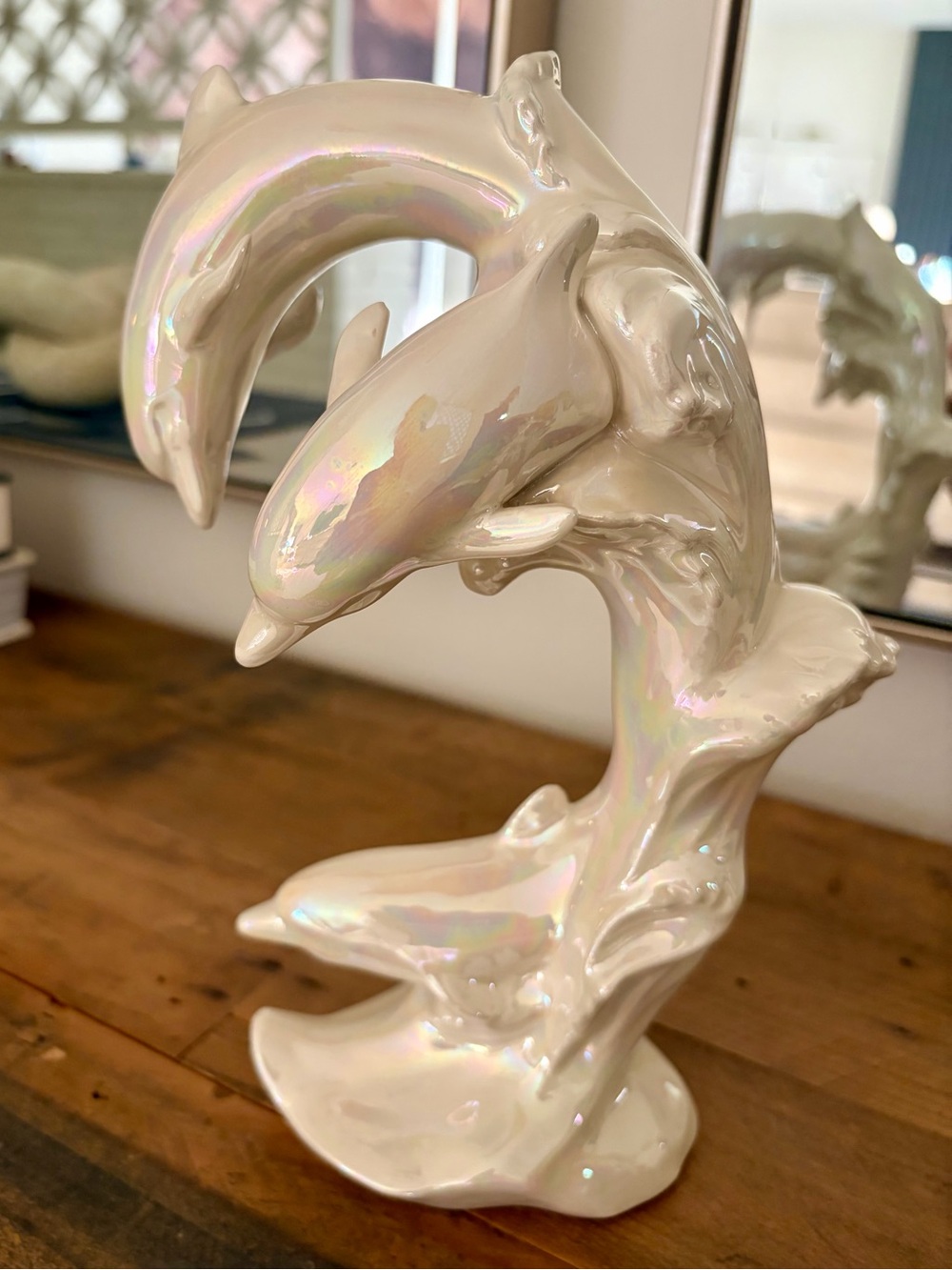 VINTAGE 1980s LUSTERWARE CERAMIC DOLPHIN POD LEAPING WAVES FIGURINE